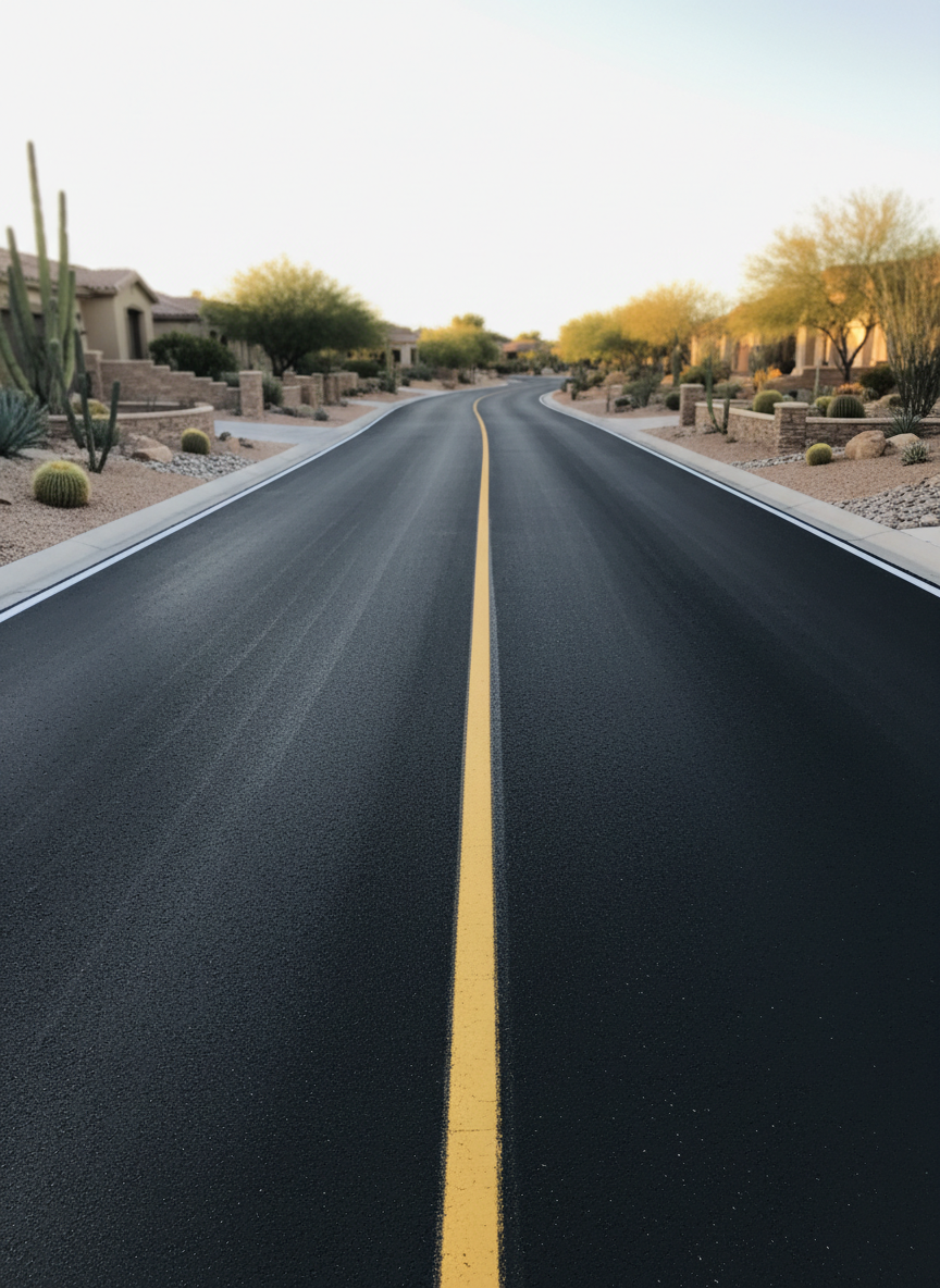 A private asphalt road winding gently through a desert-edge neighborhood near Las Vegas, freshly sealcoated for a smooth, uniform dark finish. The road surface appears rich and consistent, with clean, bright yellow centerlines and crisp white edge lines guiding the curve. On either side, xeriscaped yards with rock, desert plants, and low walls are softly blurred to keep focus on the pavement quality. The late afternoon sun casts a warm glow, creating subtle highlights on the asphalt and soft shadows along the road edges and curbs. Photographic realism captures fine surface detail yet keeps the overall look clean and uncluttered. The mood conveys reliability, durability, and professional care for private roads, with a gently curving composition that leads the viewer’s eye into the scene.