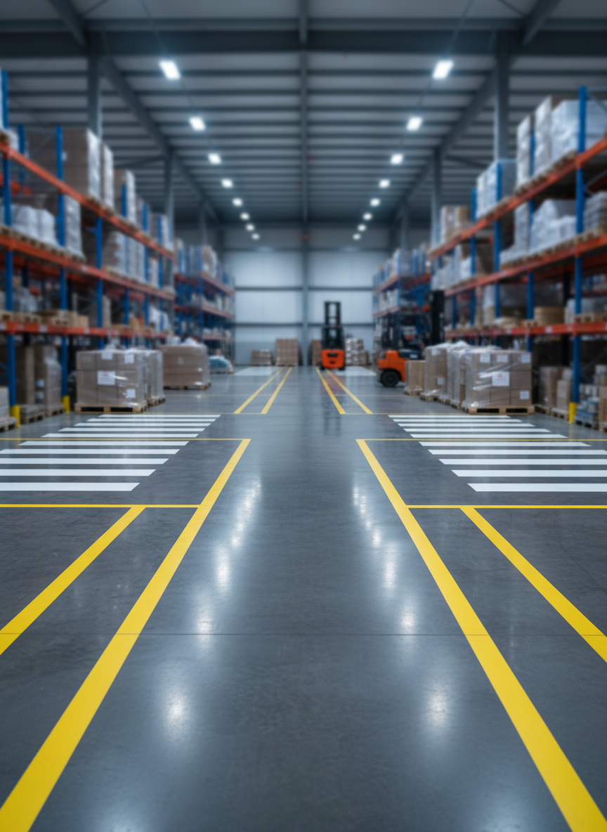 Inside a spacious warehouse, a freshly striped floor in photographic realism shows bright, reflective yellow safety lines and bold white pedestrian walkways on smooth, dark gray concrete. The striping is perfectly straight and uniform, forming organized aisles and cross-traffic zones. In the distance, industrial shelving and equipment are softly out of focus, emphasizing the clarity and importance of the floor markings without including any people. Overhead LED lighting casts even, cool-toned illumination, creating minimal shadows and highlighting the reflective quality of the paint. The composition uses leading lines and a centered perspective down a main aisle to suggest depth and order. The atmosphere is highly professional, efficient, and safety-focused, ideal for illustrating interior striping and marking services in a modern, clean style.