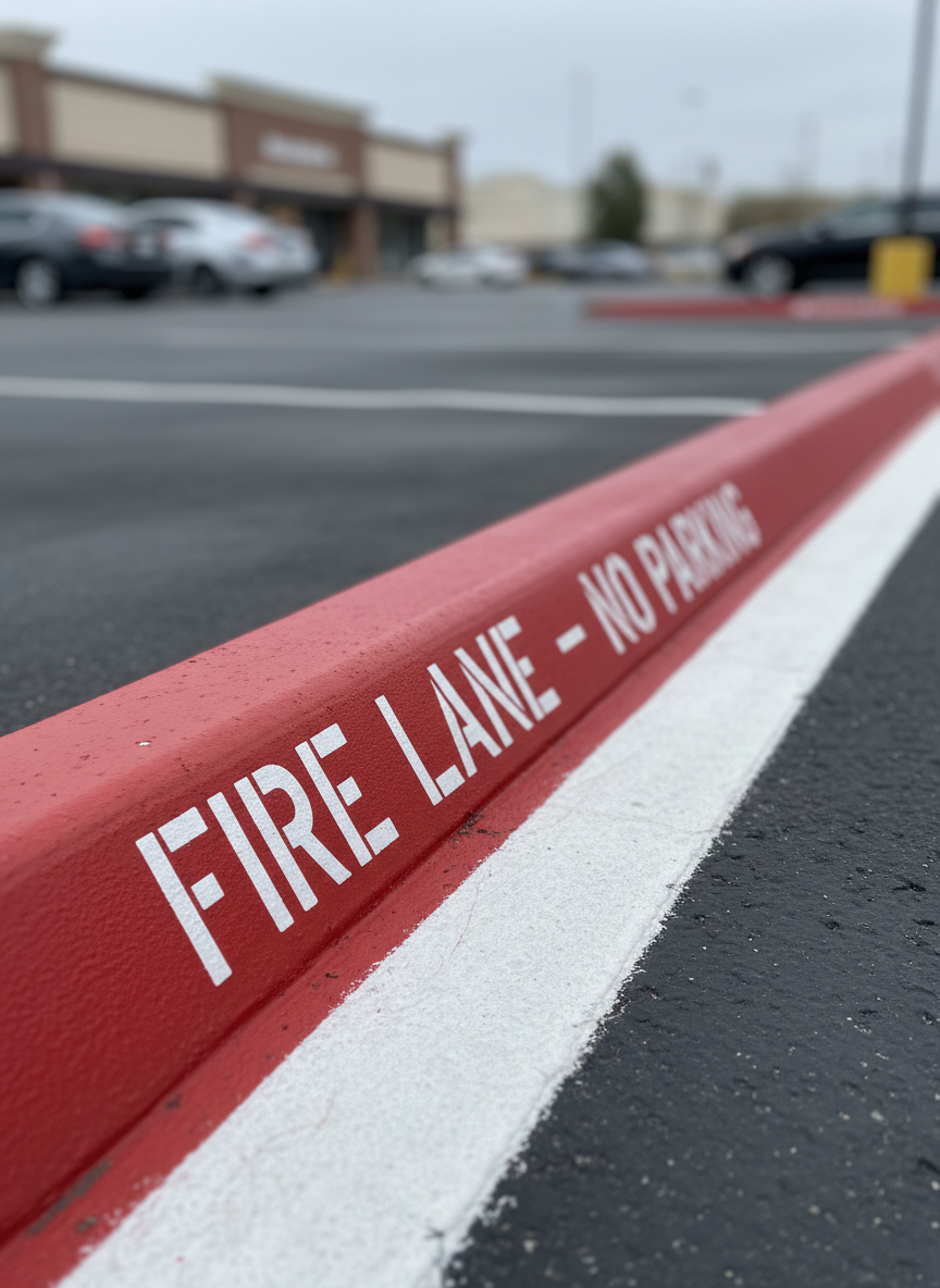 A tightly framed, photographic close-up of a “FIRE LANE – NO PARKING” curb in a commercial lot, the curb painted a vivid, uniform red with crisp white block lettering. The paint has a slightly glossy finish, reflecting soft, overcast daylight that minimizes harsh shadows. The adjacent asphalt is dark and clean, with a freshly painted white edge line perfectly parallel to the curb. Minor surface texture in both concrete and asphalt adds realism without distraction. The composition runs diagonally across the frame, using the curb as a strong leading line. The atmosphere is authoritative and safety-oriented, emphasizing detailed signage and compliance work. Shallow depth of field keeps the focus on the words and paint quality, letting the distant parking area dissolve into a gentle blur for a modern, professional aesthetic.