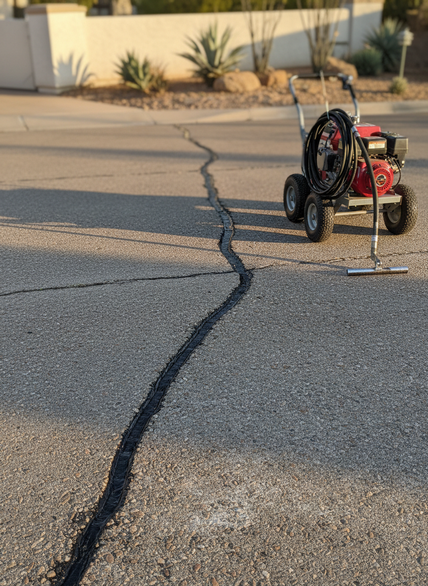 A detailed, mid-range photographic shot of crack sealing in an asphalt driveway, focusing on smooth, dark, rubberized crack sealant neatly filling a long, previously jagged crack. The surrounding asphalt shows subtle weathering, contrasting with the clean, glossy new seal line. Nearby, a professional-grade crack sealing machine rests on the driveway, its metal wand and heated hose coiled in an organized manner, with no operators visible. The scene is set in a quiet residential or small commercial setting with a low stucco wall and desert landscaping softly blurred in the background. Late afternoon sunlight creates warm tones and defined shadows that highlight the texture of the asphalt and freshly treated cracks. The mood is careful, methodical, and professional, with a rule-of-thirds composition and sharp focus on the repaired surface in a realistic, clean aesthetic.