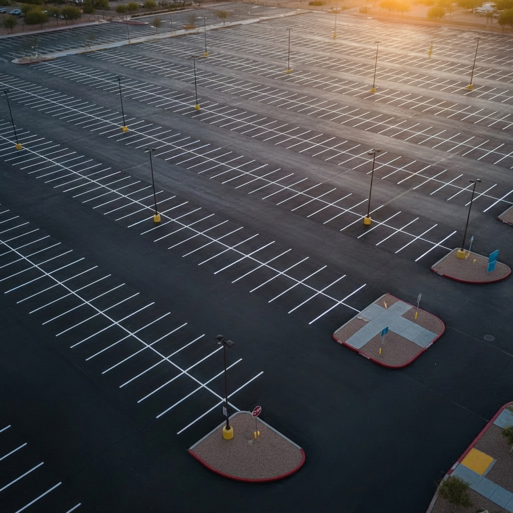 An expansive bird’s-eye photographic view of a large commercial plaza parking lot at dusk in Las Vegas, freshly sealcoated and perfectly striped. Neat rows of empty parking spaces form a geometric grid of bold white and yellow lines against deep charcoal asphalt. Directional arrows, fire lanes, and crosswalks are clearly defined, while reflective signage posts and wheel stops punctuate the layout. Warm, low sun and early lot lighting create a balanced, professional ambiance with soft highlights on the paint and gentle shadows along curbs. The composition emphasizes symmetry and order, with sharp focus across the entire frame. The atmosphere feels organized, dependable, and ready for business, showcasing large-scale parking lot maintenance at its best in a realistic, clean, modern style.