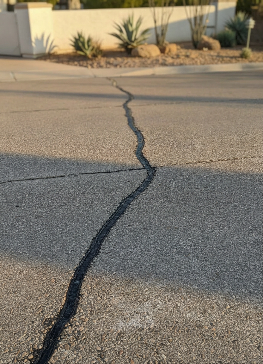 A detailed, mid-range photographic shot of crack sealing in an asphalt driveway, focusing on smooth, dark, rubberized crack sealant neatly filling a long, previously jagged crack. The surrounding asphalt shows subtle weathering, contrasting with the clean, glossy new seal line. Nearby, a professional-grade crack sealing machine rests on the driveway, its metal wand and heated hose coiled in an organized manner, with no operators visible. The scene is set in a quiet residential or small commercial setting with a low stucco wall and desert landscaping softly blurred in the background. Late afternoon sunlight creates warm tones and defined shadows that highlight the texture of the asphalt and freshly treated cracks. The mood is careful, methodical, and professional, with a rule-of-thirds composition and sharp focus on the repaired surface in a realistic, clean aesthetic.