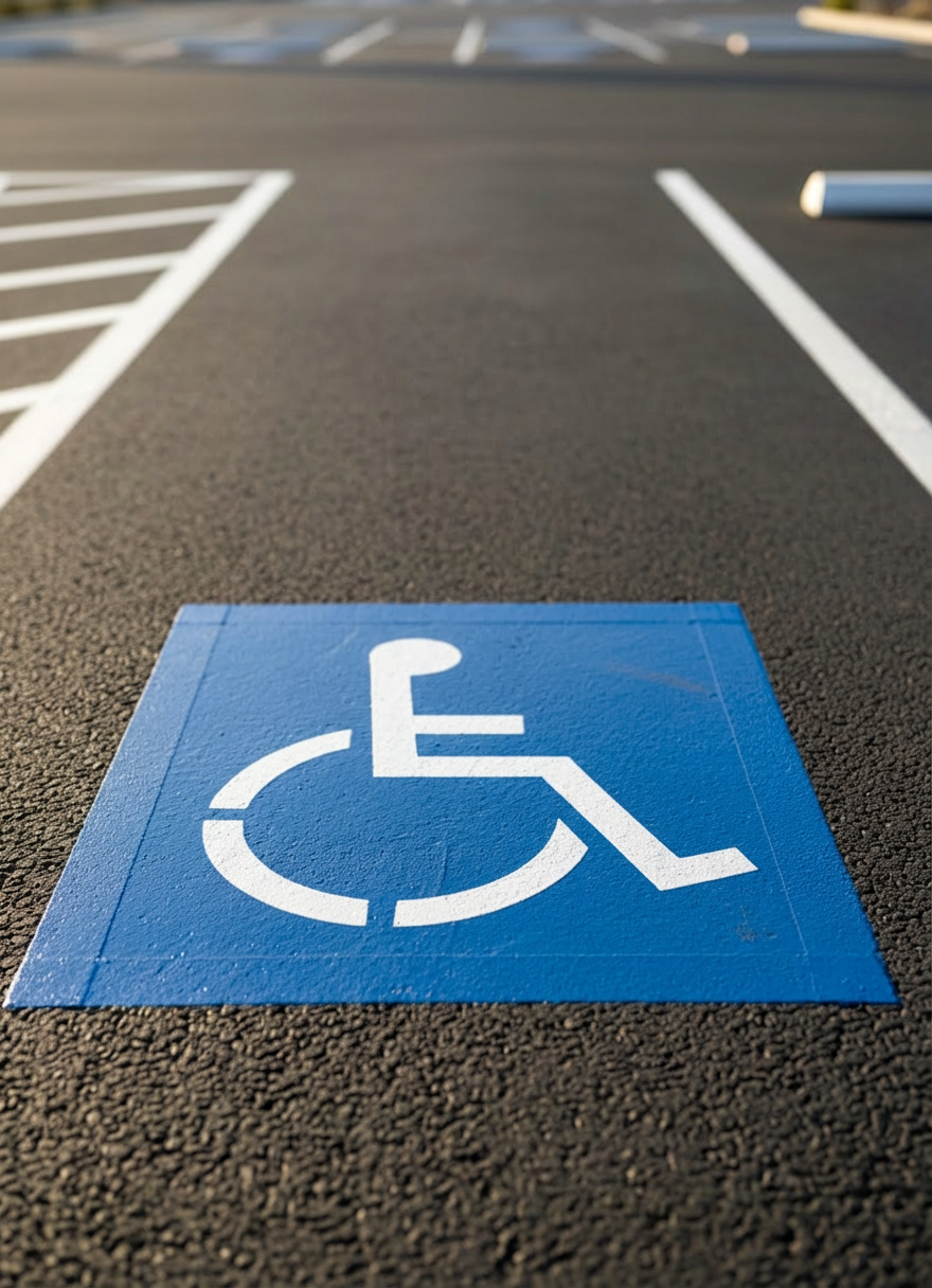 A close-up, low-angle photographic view of a newly painted handicap parking symbol on smooth black asphalt, the blue background rich and saturated, with a bright white wheelchair icon perfectly centered and razor sharp. The reflective traffic paint has a slight sheen, catching soft mid-morning desert sunlight. Faint texture in the asphalt aggregates is visible, conveying quality workmanship. Surrounding it, crisp white parking stall lines converge into the distance in gentle blur, hinting at a well-organized lot. The mood is professional and precise, emphasizing compliance and attention to detail. Composition follows the rule of thirds, with the handicap symbol anchored in the lower left, and a shallow depth of field creates a subtle bokeh effect on distant striping for a clean, modern, photographic realism style.